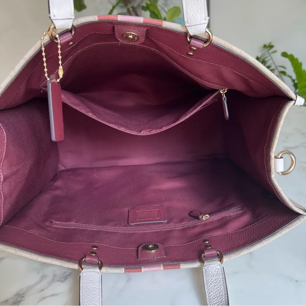 Dempsey Tote Bag 40 In Signature Jacquard Stripe & Coach Patch C1548 Khaki Pink - Picture 13 of 16